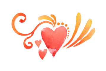 Stylish greeting card with red watercolor hearts. Raster illustration