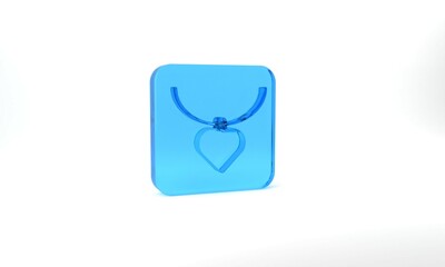 Blue Necklace with heart shaped pendant icon isolated on grey background. Jewellery decoration. International Happy Women Day. Glass square button. 3d illustration 3D render