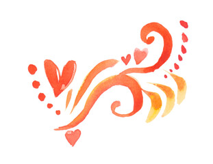 Hand drawn watercolor ink illustration with love icons for holiday design. Hearts on white background. Header For wedding card, valentine day greetings, lovely frame.