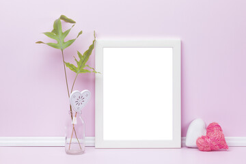 Feminine picture frame mockup. Transparent template with white vertical frame, heart-shaped...