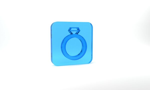 Blue Diamond engagement ring icon isolated on grey background. Glass square button. 3d illustration 3D render