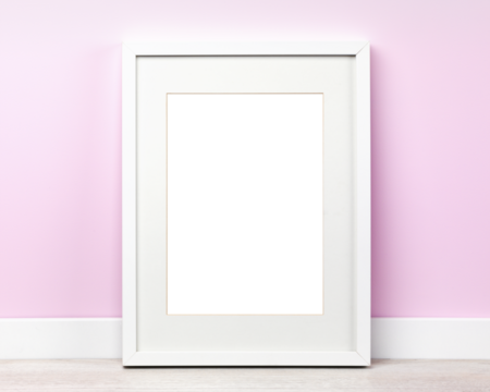 Poster mockup with white picture frame leaning on pink wall, transparent image area