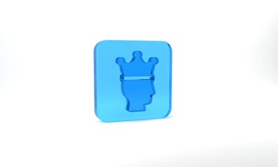 Blue King crown icon isolated on grey background. Glass square button. 3d illustration 3D render