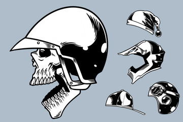hand drawn skull with various helm vector illustration set monochrome style