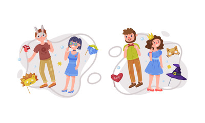 Fototapeta premium Happy people with funny carnival masks set. Joyful guy and girl celebrating holiday cartoon vector illustration