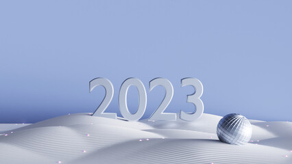 3d render of 2023 new year postcard, silver and blue color