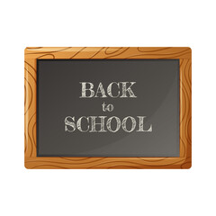 Black chalkboard in a wooden frame with text back to school. Vector illustration, cartoon style. For use by students, schoolchildren.