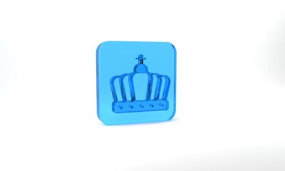 Blue King crown icon isolated on grey background. Glass square button. 3d illustration 3D render