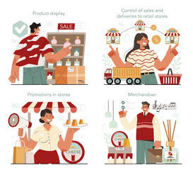 Store merchandiser set. Shop and showcase designer. Professional