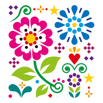 Mexican traditional folk art vector geometric pattern with flowers and leaves, inspired by designs from Mexico
 