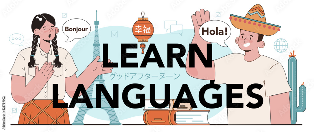 Poster learn languages typographic header. professor teaching foreign languages.