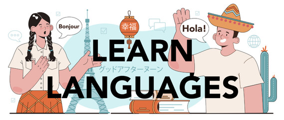 Learn languages typographic header. Professor teaching foreign languages.
