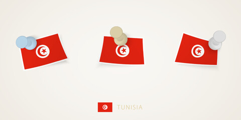 Pinned flag of Tunisia in different shapes with twisted corners. Vector pushpins top view.