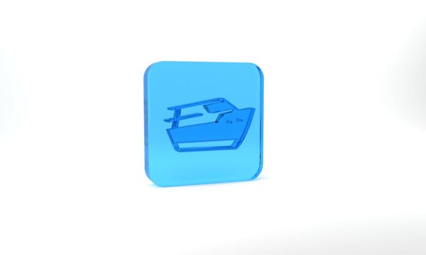 Blue Speedboat icon isolated on grey background. Glass square button. 3d illustration 3D render