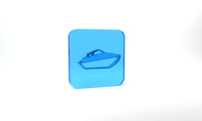 Blue Speedboat icon isolated on grey background. Glass square button. 3d illustration 3D render
