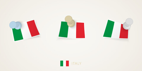 Pinned flag of Italy in different shapes with twisted corners. Vector pushpins top view.
