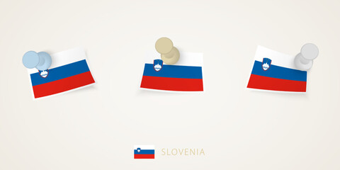 Pinned flag of Slovenia in different shapes with twisted corners. Vector pushpins top view.