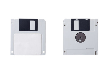 Plastic floppy disk on both sides isolated on white.