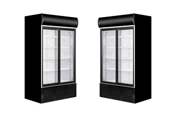 Commercial glass door drink fridge cooler with two display sections mockup isolated on white background. 3d rendering.