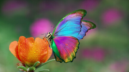 Fototapeta na wymiar colorful morpho butterfly on bright orange purslane flower in dew drops