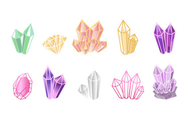 set of color and golden crystals and hand drawing gems, different colors of outline on white background.