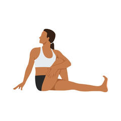 Woman doing Twisted Pose, Beautiful girl practice Vakrasana. Flat vector illustration isolated on white background