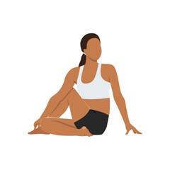 Woman doing Sage Twist Pose Variation Forward Bend, Beautiful girl practice Marichyasana Variation Uttanasana. Flat vector illustration isolated on white background