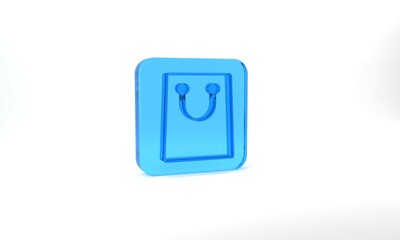Blue Paper shopping bag icon isolated on grey background. Package sign. Glass square button. 3d illustration 3D render