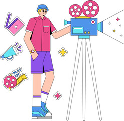 A Photographer Standing preparing his camera with stand to take a video in 90's style