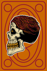 hand drawn skull head with cool hair card illustration