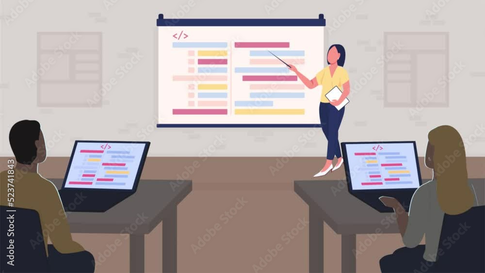 Poster programming course flat color animated illustration. coding class for students. teach computer scien