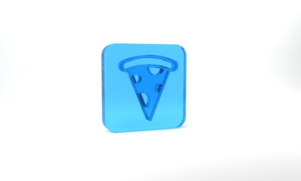 Blue Slice of pizza icon isolated on grey background. Fast food menu. Glass square button. 3d illustration 3D render