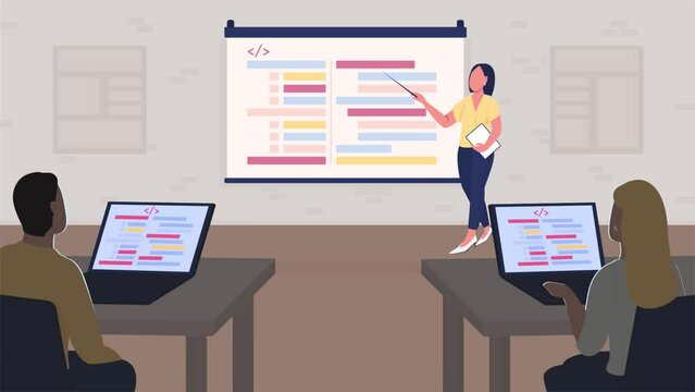 Programming course flat color animated illustration. Coding class for students. Teach computer science. Seamless looped 2D cartoon characters animation video in 4k with classroom on background
