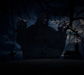 Grim reaper standing over grass, dead tree, cross, churc, birds and spooky cloudy sky, Halloween...