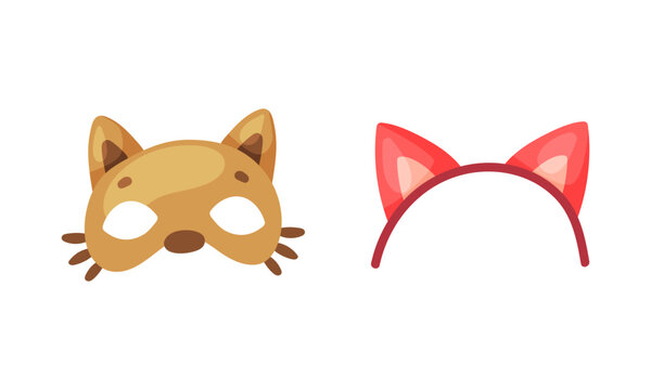 Cat ears headband and dog mask. Carnival party objects set cartoon vector illustration
