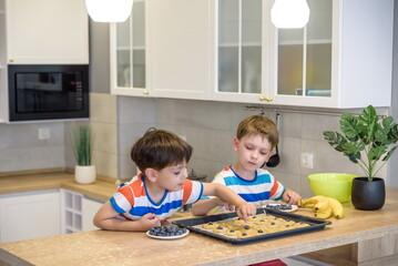 happy family funny kids are preparing the dough, bake cookies in the kitchen. Put berry and blueberry in all biscuits