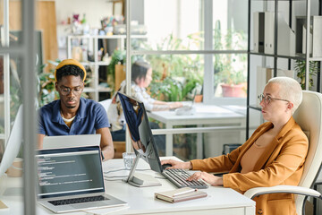 Colleagues working with software on computers sitting at table at modern office