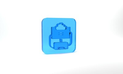 Blue Cloud database icon isolated on grey background. Cloud computing concept. Digital service or app with data transferring. Glass square button. 3d illustration 3D render