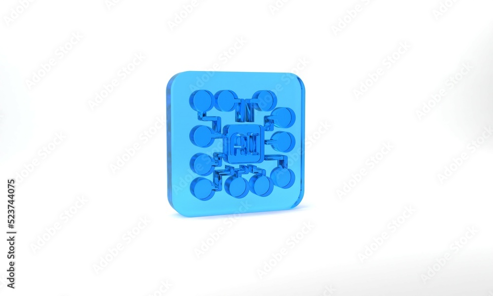 Poster blue neural network icon isolated on grey background. artificial intelligence ai. glass square butto