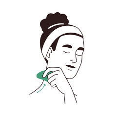 Woman scraping, massaging neck skin with gua sha tool. Girl using jade scraper, lymphatic stone massager. Guasha treatment, beauty care. Flat graphic vector illustration isolated on white background
