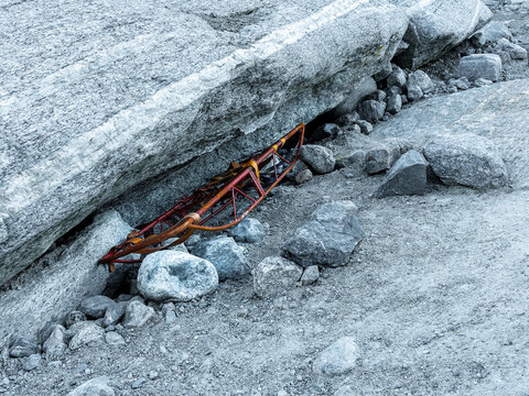 old rescue sled on the glacier