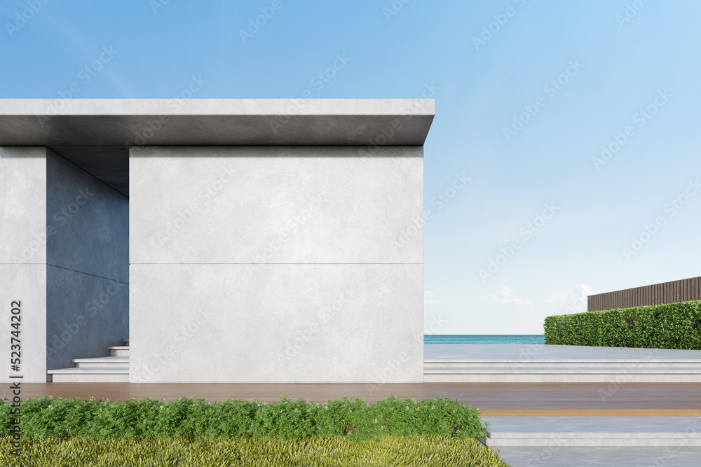 Poster 3d rendering of concrete building with wooden terrace on sea background.