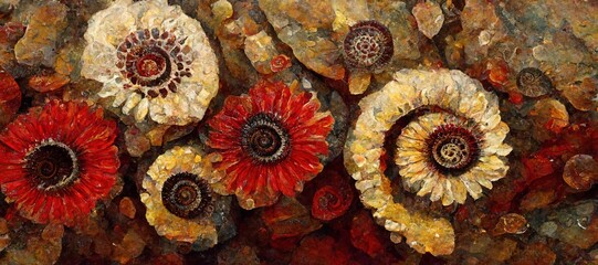 Gerbera daisies, Sunflowers and Marigold - imaginative surreal fusion digital painting series in comforting autumn burnt orange, sunny yellow, deep red and warm earthy jasper stone brown colors.