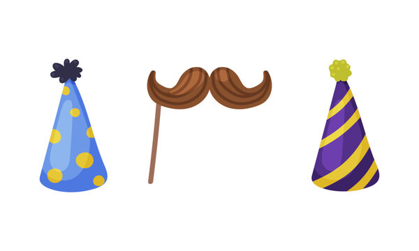 Moustache on stick and conical party hats Carnival party objects set. cartoon vector illustration