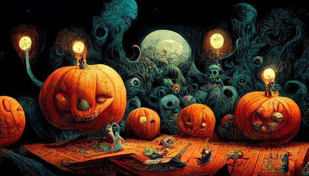 Realistic halloween festival illustration. Halloween night pictures for wallpaper.3D illustration. Use digital paint blurring techniques.
