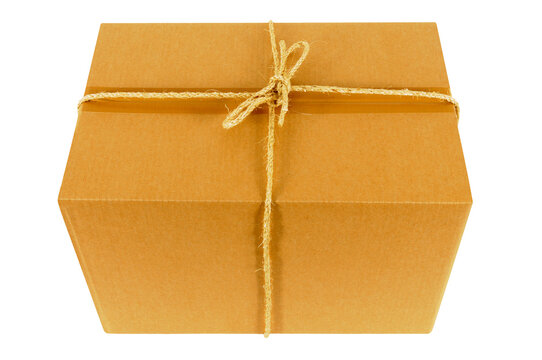 Cardboard shipping box tied with string isolated transparent background photo PNG file