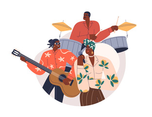 Jazz music band, African-American trio. Black people singer and musicians playing guitar, drum instruments. Artists group performing blues. Flat vector illustration isolated on white background