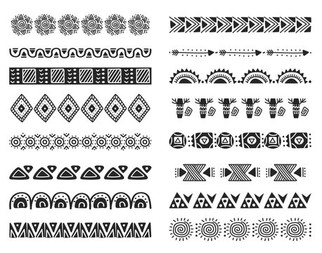 African tribal brushes. Black and white hand drawn horizontal seamless borders isolated Vector set. Ancient culture dividers with sun, arrow and geometric shape elements for ornamental frames
