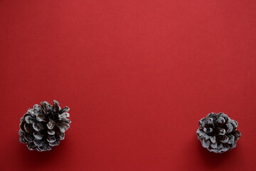 Christmas pinecones on red background.
