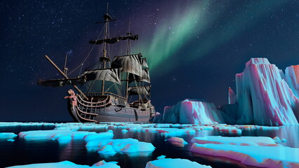 old dutch ship in the ice of the arctic northern lights. 3d render